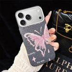 Custodia per telefono ibrida in PC TPU con motivo a stelle rosa e farfalle, glitter IMD., For iPhone 17e / 16e, For iPhone 17 Pro Max, For iPhone 17 Pro, For iPhone 17, For iPhone Air, For iPhone 16 Pro Max