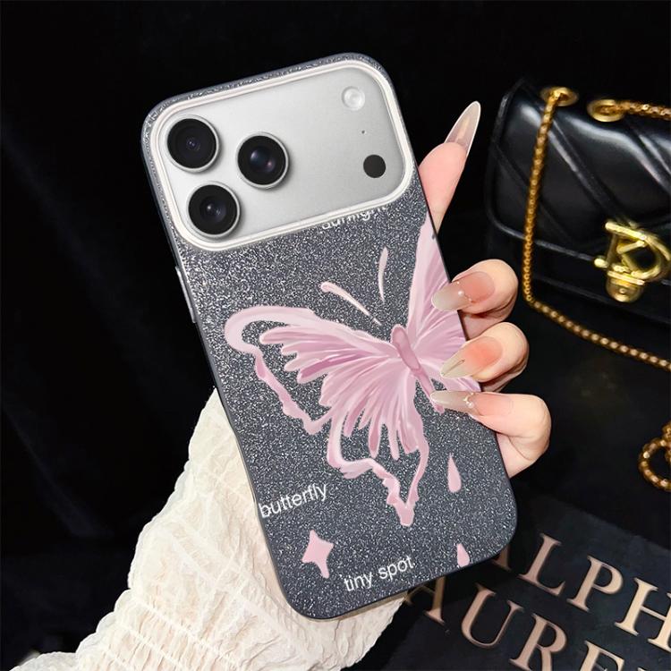 Custodia per telefono ibrida in PC TPU con motivo a stelle rosa e farfalle, glitter IMD., For iPhone 17e / 16e, For iPhone 17 Pro Max, For iPhone 17 Pro, For iPhone 17, For iPhone Air, For iPhone 16 Pro Max