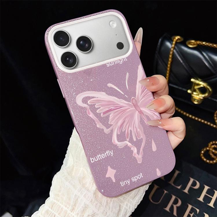 Custodia per telefono ibrida in PC TPU con motivo a stelle rosa e farfalle, glitter IMD., For iPhone 17e / 16e, For iPhone 17 Pro Max, For iPhone 17 Pro, For iPhone 17, For iPhone Air, For iPhone 16 Pro Max