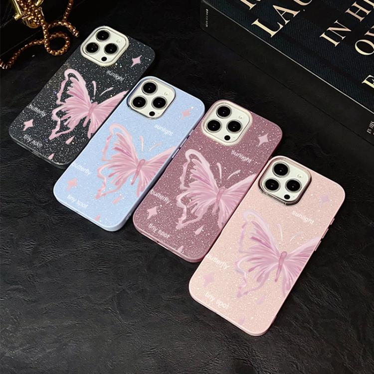 Custodia per telefono ibrida in PC TPU con motivo a stelle rosa e farfalle, glitter IMD., For iPhone 17e / 16e, For iPhone 17 Pro Max, For iPhone 17 Pro, For iPhone 17, For iPhone Air, For iPhone 16 Pro Max