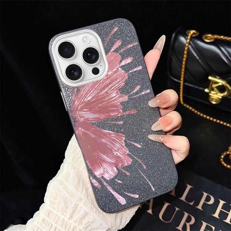 Custodia per telefono ibrida in PC e TPU con motivo a mezza farfalla e glitter IMD., For iPhone 16 Pro, For iPhone 16 Plus, For iPhone 16, For iPhone 15 Pro Max, For iPhone 15 Pro, For iPhone 15 Plus