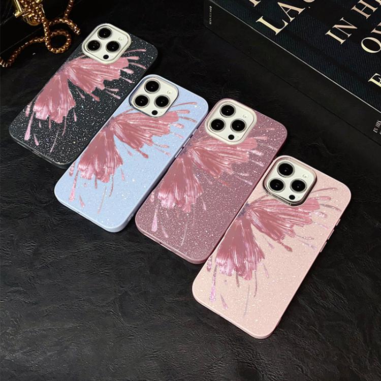 Custodia per telefono ibrida in PC e TPU con motivo a mezza farfalla e glitter IMD., For iPhone 16 Pro, For iPhone 16 Plus, For iPhone 16, For iPhone 15 Pro Max, For iPhone 15 Pro, For iPhone 15 Plus