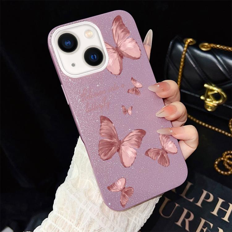 Custodia per telefono ibrida in PC e TPU con motivo farfalle da sogno e glitter IMD., For iPhone 15, For iPhone 14 Plus, For iPhone 14, For iPhone 14 Pro, For iPhone 14 Pro Max, For iPhone SE 2022 / SE 2020