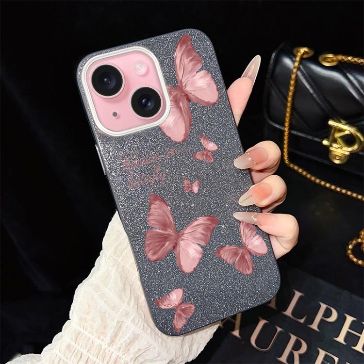 Custodia per telefono ibrida in PC e TPU con motivo farfalle da sogno e glitter IMD., For iPhone 16 Pro, For iPhone 16 Plus, For iPhone 16, For iPhone 15 Pro Max, For iPhone 15 Pro, For iPhone 15 Plus