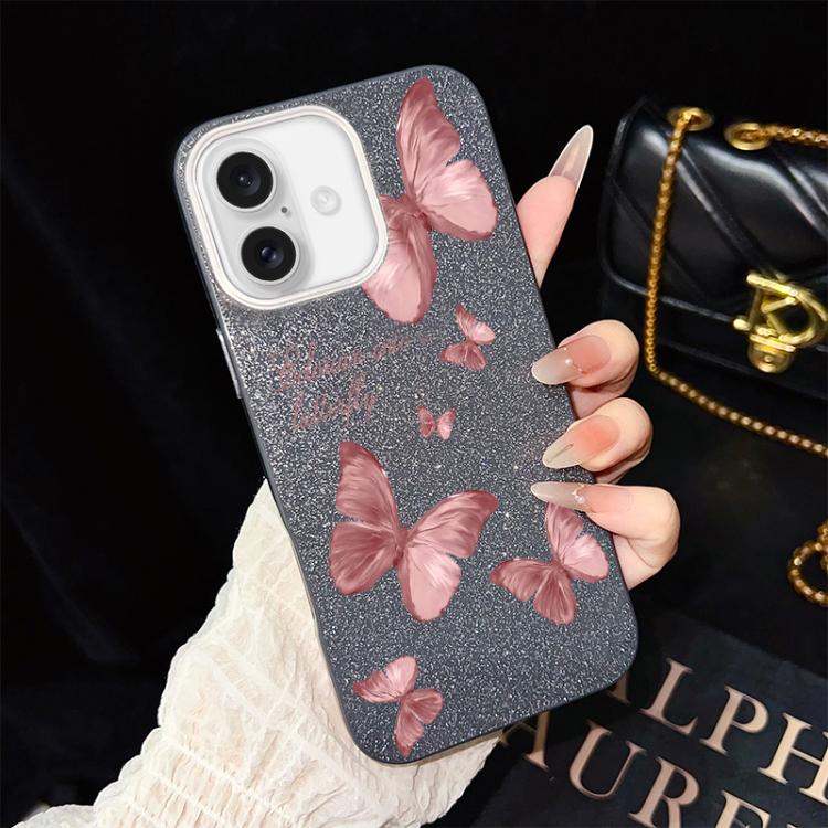 Custodia per telefono ibrida in PC e TPU con motivo farfalle da sogno e glitter IMD., For iPhone 16 Pro, For iPhone 16 Plus, For iPhone 16, For iPhone 15 Pro Max, For iPhone 15 Pro, For iPhone 15 Plus