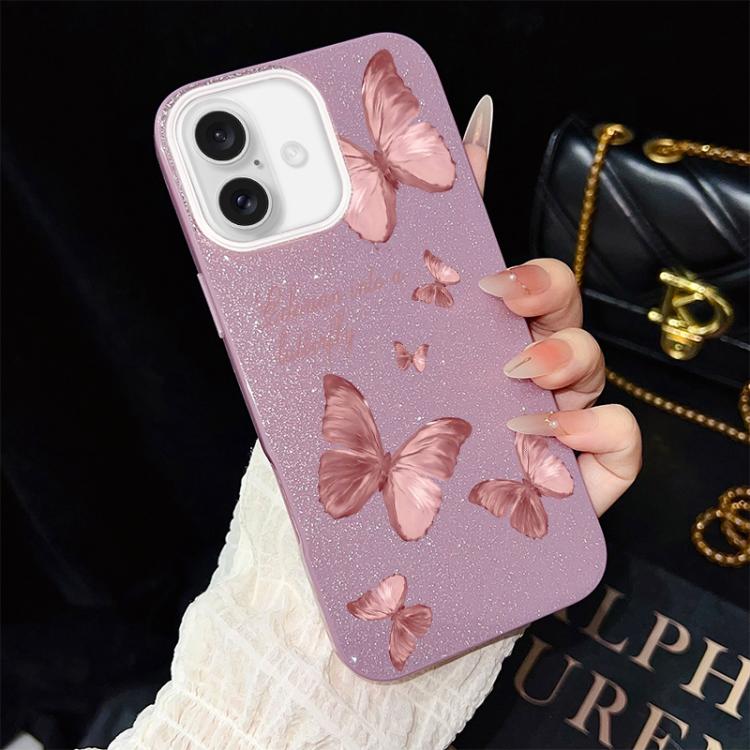 Custodia per telefono ibrida in PC e TPU con motivo farfalle da sogno e glitter IMD., For iPhone 16 Pro, For iPhone 16 Plus, For iPhone 16, For iPhone 15 Pro Max, For iPhone 15 Pro, For iPhone 15 Plus