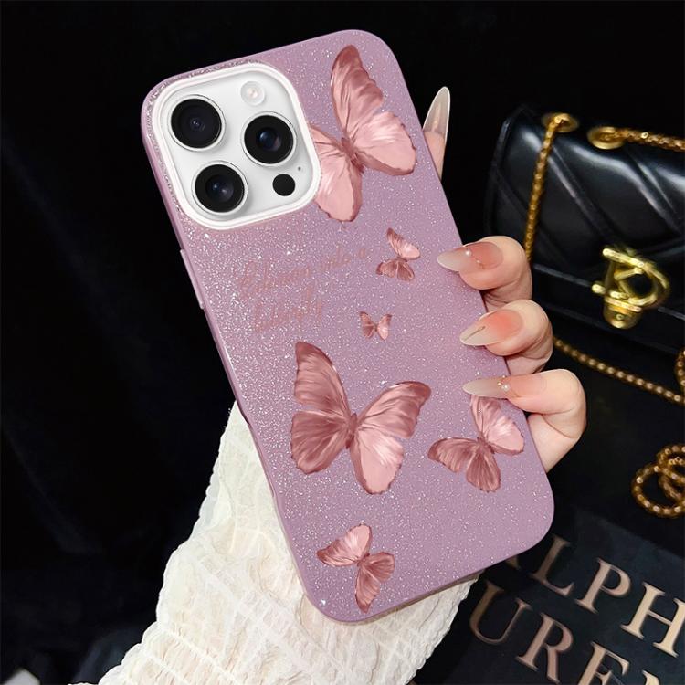 Custodia per telefono ibrida in PC e TPU con motivo farfalle da sogno e glitter IMD., For iPhone 16 Pro, For iPhone 16 Plus, For iPhone 16, For iPhone 15 Pro Max, For iPhone 15 Pro, For iPhone 15 Plus