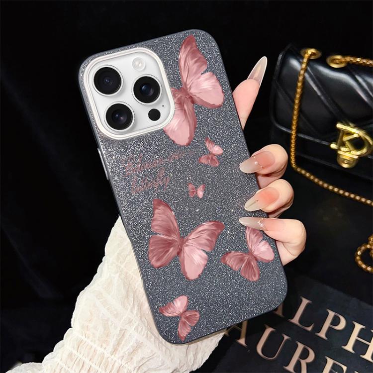Custodia per telefono ibrida in PC e TPU con motivo farfalle da sogno e glitter IMD., For iPhone 17e / 16e, For iPhone 17 Pro Max, For iPhone 17 Pro, For iPhone 17, For iPhone Air, For iPhone 16 Pro Max