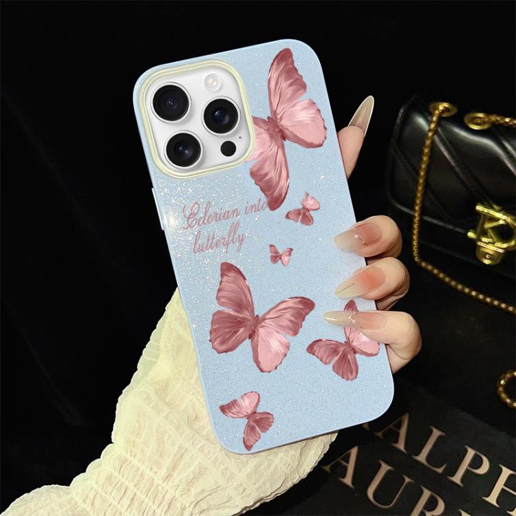 Custodia per telefono ibrida in PC e TPU con motivo farfalle da sogno e glitter IMD., For iPhone 17e / 16e, For iPhone 17 Pro Max, For iPhone 17 Pro, For iPhone 17, For iPhone Air, For iPhone 16 Pro Max
