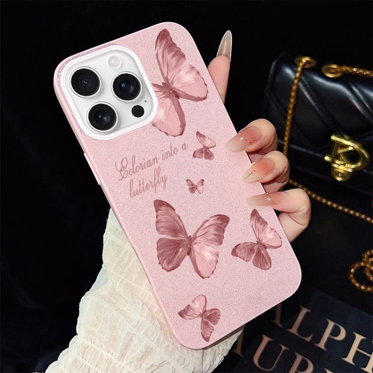 Custodia per telefono ibrida in PC e TPU con motivo farfalle da sogno e glitter IMD., For iPhone 17e / 16e, For iPhone 17 Pro Max, For iPhone 17 Pro, For iPhone 17, For iPhone Air, For iPhone 16 Pro Max