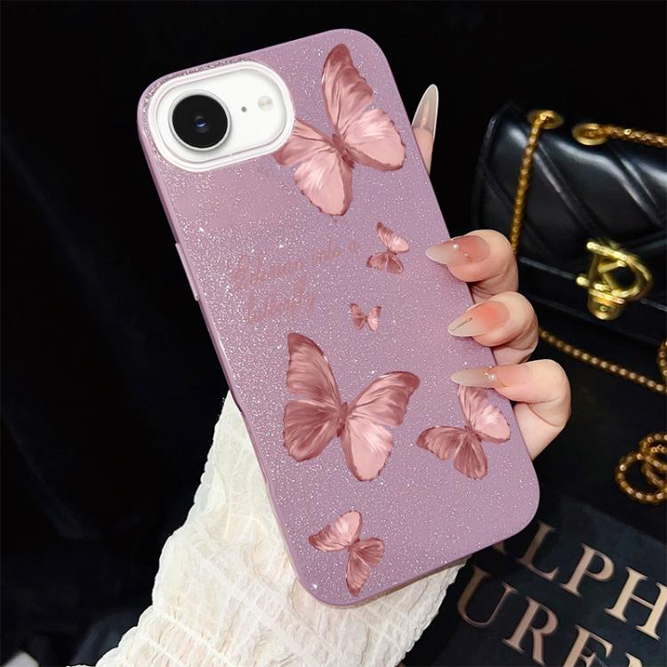 Custodia per telefono ibrida in PC e TPU con motivo farfalle da sogno e glitter IMD., For iPhone 17e / 16e, For iPhone 17 Pro Max, For iPhone 17 Pro, For iPhone 17, For iPhone Air, For iPhone 16 Pro Max