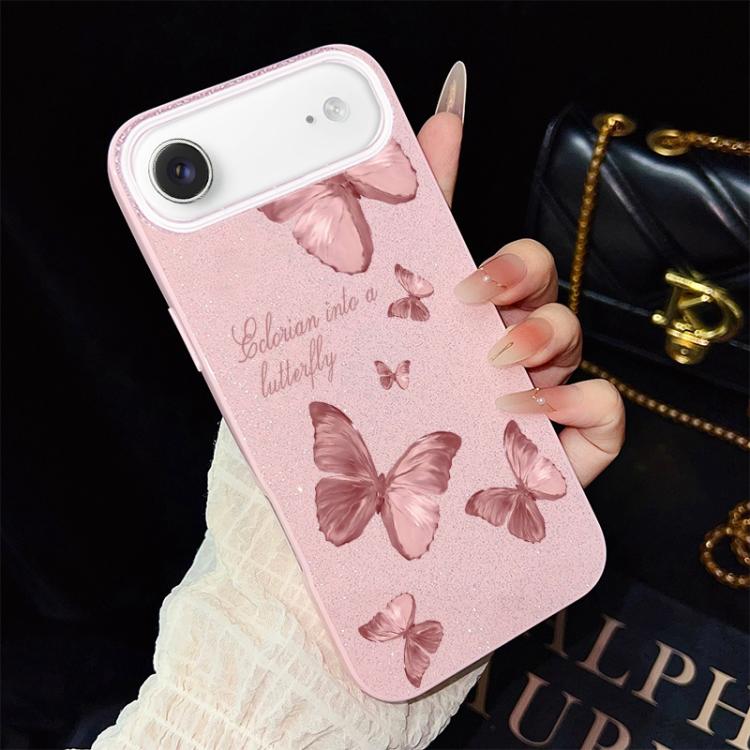 Custodia per telefono ibrida in PC e TPU con motivo farfalle da sogno e glitter IMD., For iPhone 17e / 16e, For iPhone 17 Pro Max, For iPhone 17 Pro, For iPhone 17, For iPhone Air, For iPhone 16 Pro Max