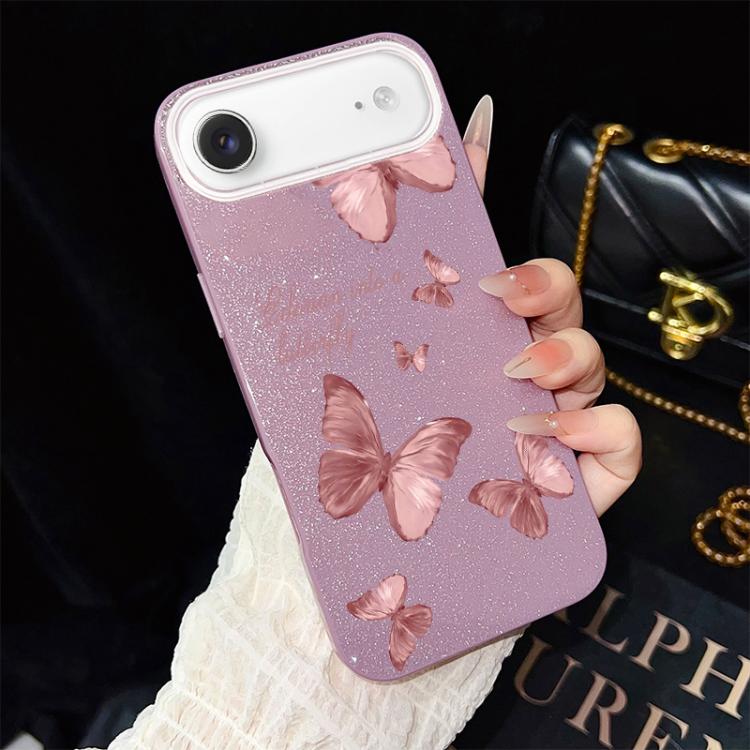 Custodia per telefono ibrida in PC e TPU con motivo farfalle da sogno e glitter IMD., For iPhone 17e / 16e, For iPhone 17 Pro Max, For iPhone 17 Pro, For iPhone 17, For iPhone Air, For iPhone 16 Pro Max