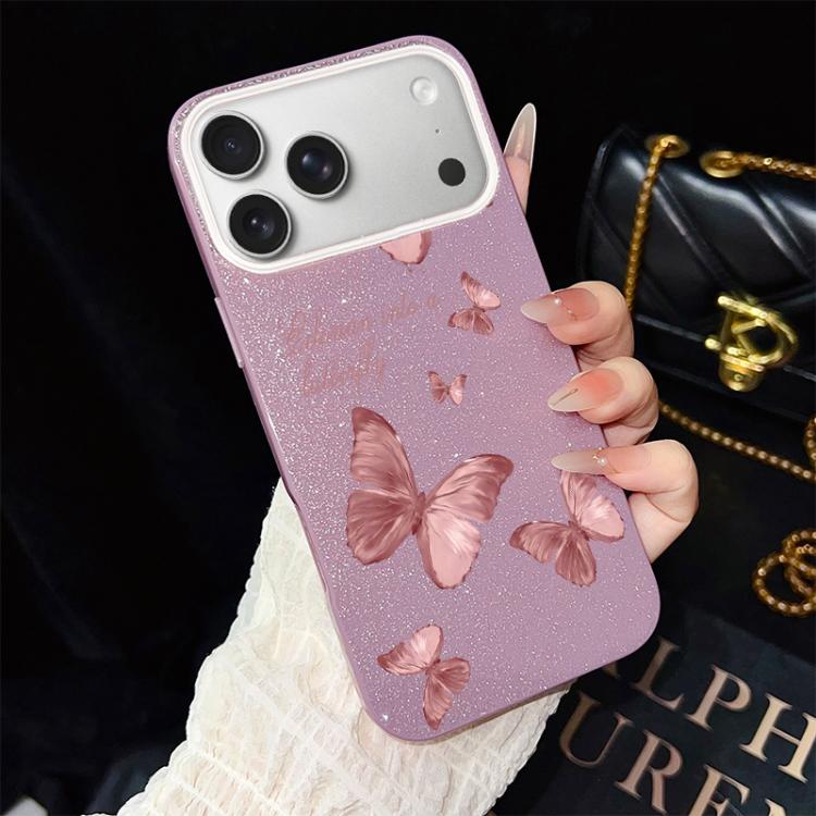 Custodia per telefono ibrida in PC e TPU con motivo farfalle da sogno e glitter IMD., For iPhone 17e / 16e, For iPhone 17 Pro Max, For iPhone 17 Pro, For iPhone 17, For iPhone Air, For iPhone 16 Pro Max