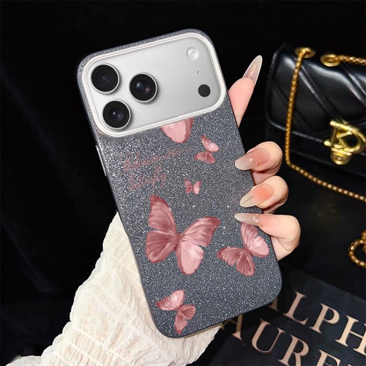 Custodia per telefono ibrida in PC e TPU con motivo farfalle da sogno e glitter IMD., For iPhone 17e / 16e, For iPhone 17 Pro Max, For iPhone 17 Pro, For iPhone 17, For iPhone Air, For iPhone 16 Pro Max