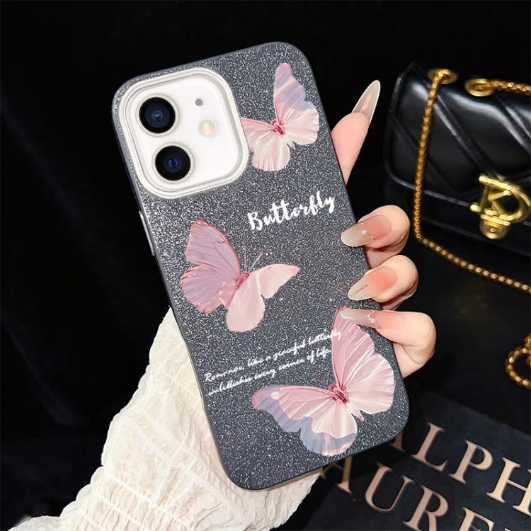 Custodia per telefono ibrida in PC e TPU con motivo a farfalle sfumate e glitter IMD., For iPhone 13 Pro Max, For iPhone 13 Pro, For iPhone 13, For iPhone 12, For iPhone 12 Pro Max, For iPhone 12 Pro