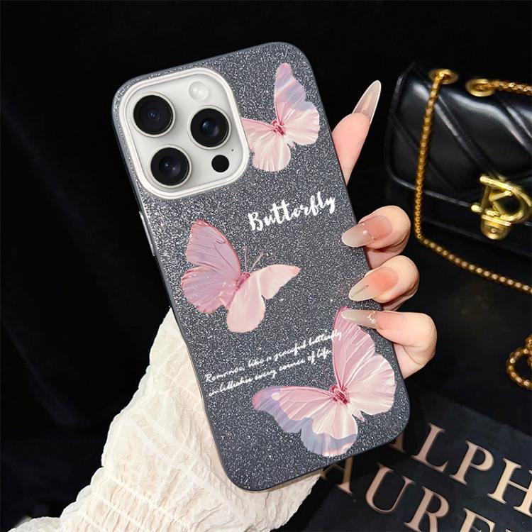 Custodia per telefono ibrida in PC e TPU con motivo a farfalle sfumate e glitter IMD., For iPhone 16 Pro, For iPhone 16 Plus, For iPhone 16, For iPhone 15 Pro Max, For iPhone 15 Pro, For iPhone 15 Plus