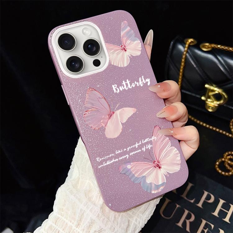 Custodia per telefono ibrida in PC e TPU con motivo a farfalle sfumate e glitter IMD., For iPhone 16 Pro, For iPhone 16 Plus, For iPhone 16, For iPhone 15 Pro Max, For iPhone 15 Pro, For iPhone 15 Plus