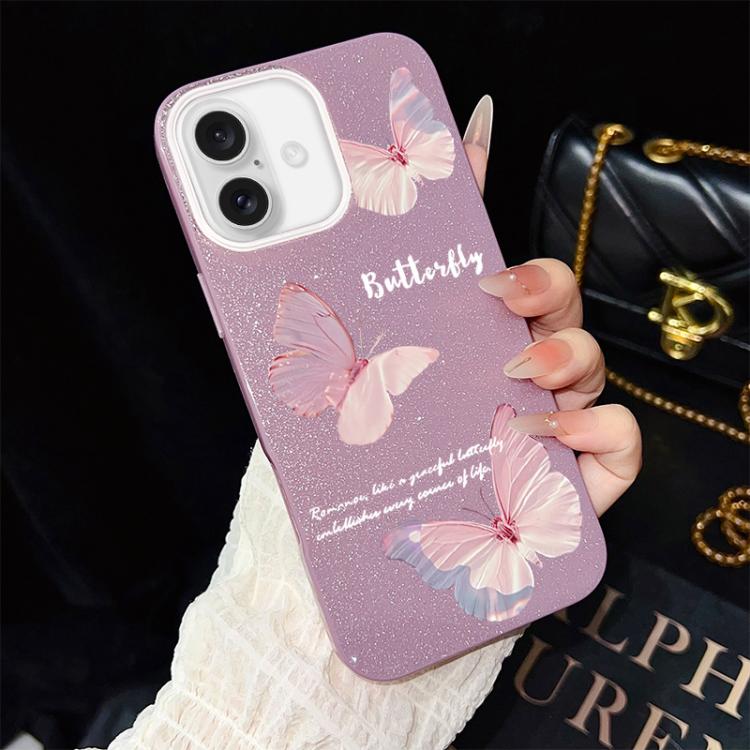 Custodia per telefono ibrida in PC e TPU con motivo a farfalle sfumate e glitter IMD., For iPhone 16 Pro, For iPhone 16 Plus, For iPhone 16, For iPhone 15 Pro Max, For iPhone 15 Pro, For iPhone 15 Plus