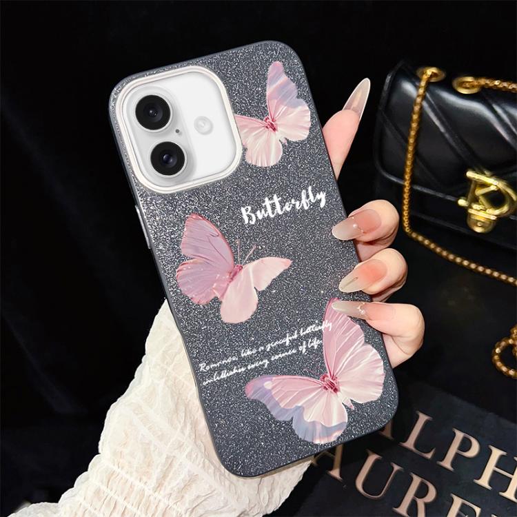 Custodia per telefono ibrida in PC e TPU con motivo a farfalle sfumate e glitter IMD., For iPhone 17e / 16e, For iPhone 17 Pro Max, For iPhone 17 Pro, For iPhone 17, For iPhone Air, For iPhone 16 Pro Max