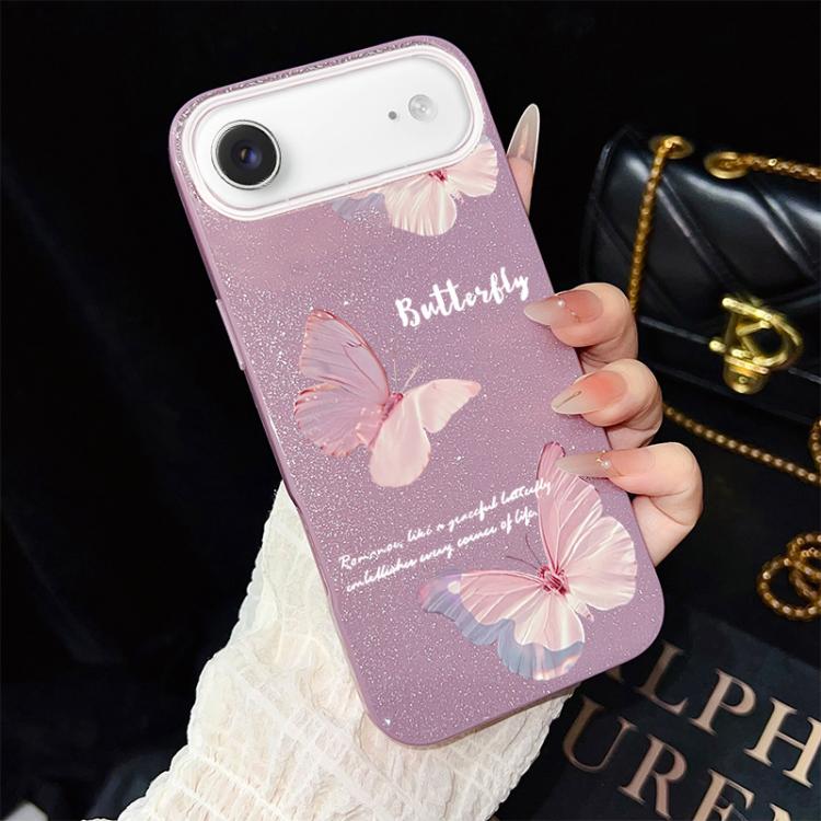 Custodia per telefono ibrida in PC e TPU con motivo a farfalle sfumate e glitter IMD., For iPhone 17e / 16e, For iPhone 17 Pro Max, For iPhone 17 Pro, For iPhone 17, For iPhone Air, For iPhone 16 Pro Max