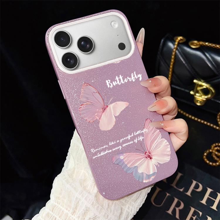 Custodia per telefono ibrida in PC e TPU con motivo a farfalle sfumate e glitter IMD., For iPhone 17e / 16e, For iPhone 17 Pro Max, For iPhone 17 Pro, For iPhone 17, For iPhone Air, For iPhone 16 Pro Max