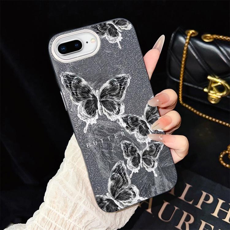 Custodia per telefono ibrida in PC e TPU con motivo a farfalle e glitter IMD, For iPhone 8 Plus / 7 Plus, For iPhone 6 Plus / 6s Plus, For iPhone 6 / 6s