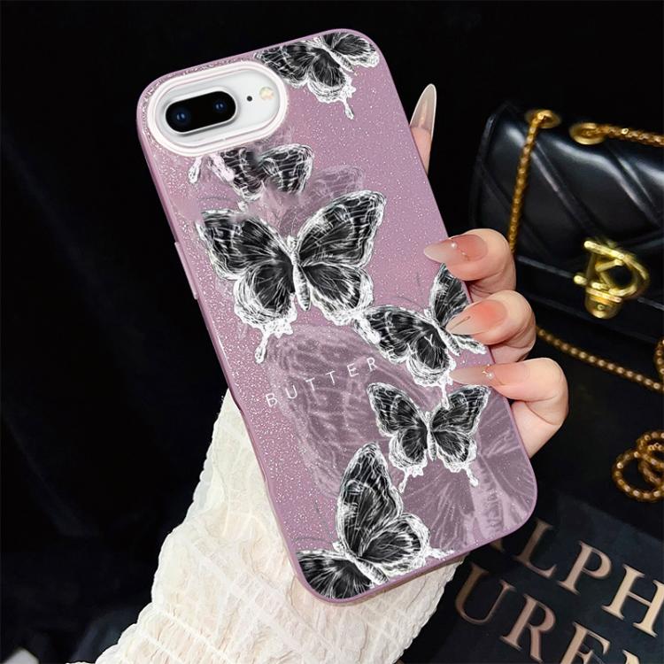 Custodia per telefono ibrida in PC e TPU con motivo a farfalle e glitter IMD, For iPhone 8 Plus / 7 Plus, For iPhone 6 Plus / 6s Plus, For iPhone 6 / 6s