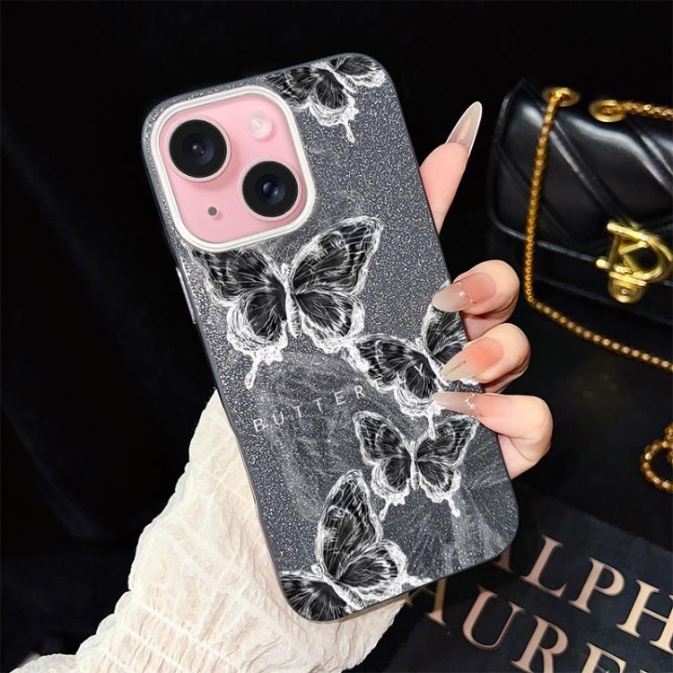 Custodia per telefono ibrida in PC e TPU con motivo a farfalle e glitter IMD, For iPhone 15, For iPhone 14 Plus, For iPhone 14, For iPhone 14 Pro, For iPhone 14 Pro Max, For iPhone SE 2022 / SE 2020