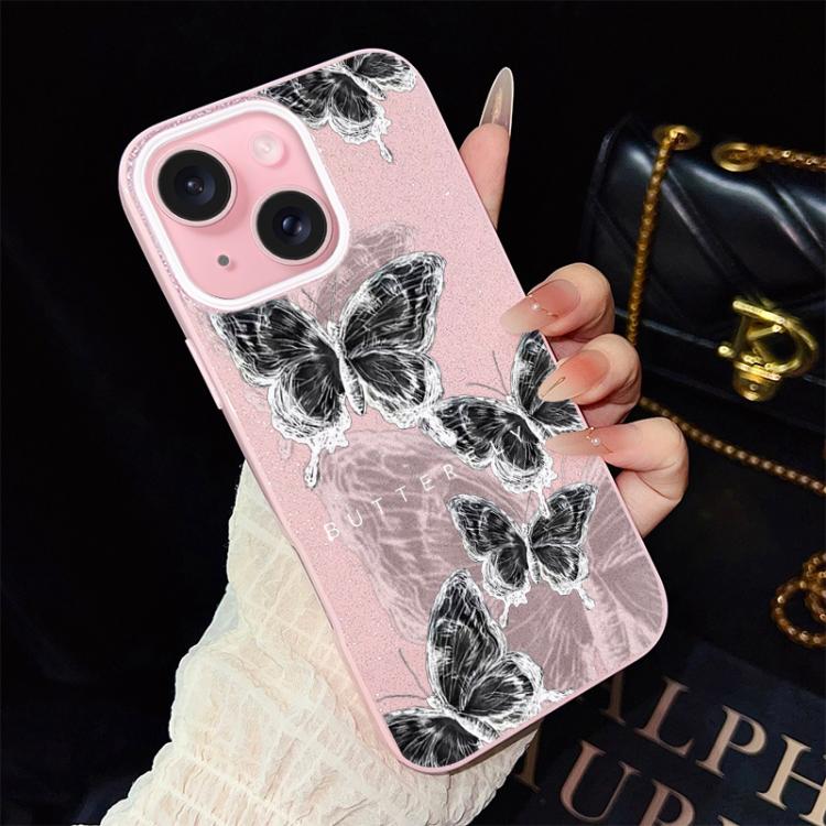 Custodia per telefono ibrida in PC e TPU con motivo a farfalle e glitter IMD, For iPhone 16 Pro, For iPhone 16 Plus, For iPhone 16, For iPhone 15 Pro Max, For iPhone 15 Pro, For iPhone 15 Plus