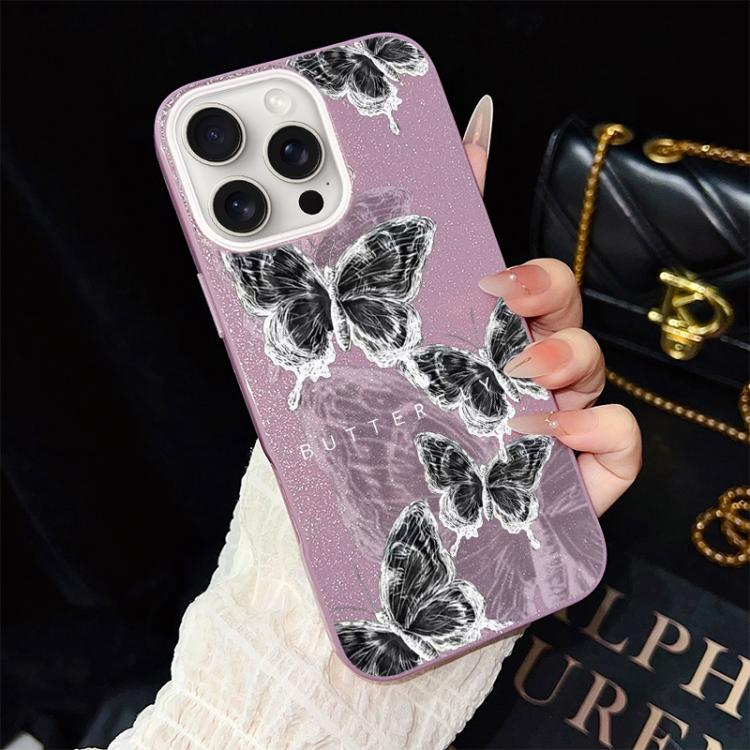 Custodia per telefono ibrida in PC e TPU con motivo a farfalle e glitter IMD, For iPhone 16 Pro, For iPhone 16 Plus, For iPhone 16, For iPhone 15 Pro Max, For iPhone 15 Pro, For iPhone 15 Plus