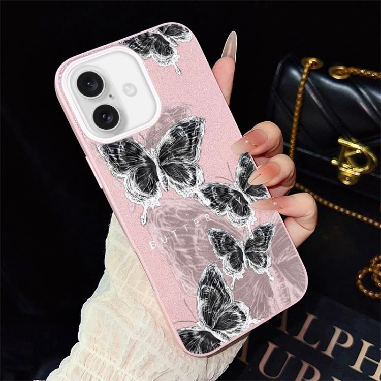 Custodia per telefono ibrida in PC e TPU con motivo a farfalle e glitter IMD, For iPhone 16 Pro, For iPhone 16 Plus, For iPhone 16, For iPhone 15 Pro Max, For iPhone 15 Pro, For iPhone 15 Plus