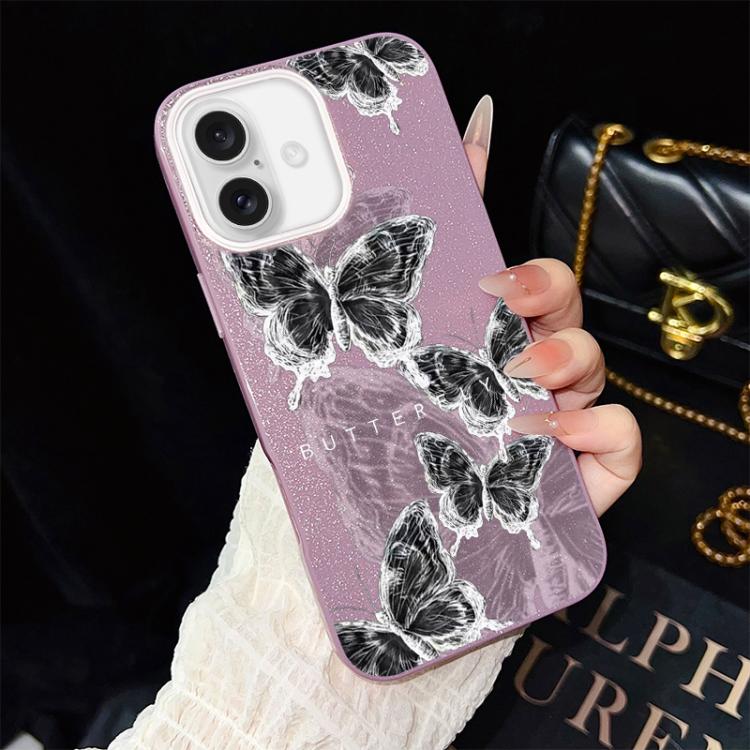Custodia per telefono ibrida in PC e TPU con motivo a farfalle e glitter IMD, For iPhone 16 Pro, For iPhone 16 Plus, For iPhone 16, For iPhone 15 Pro Max, For iPhone 15 Pro, For iPhone 15 Plus