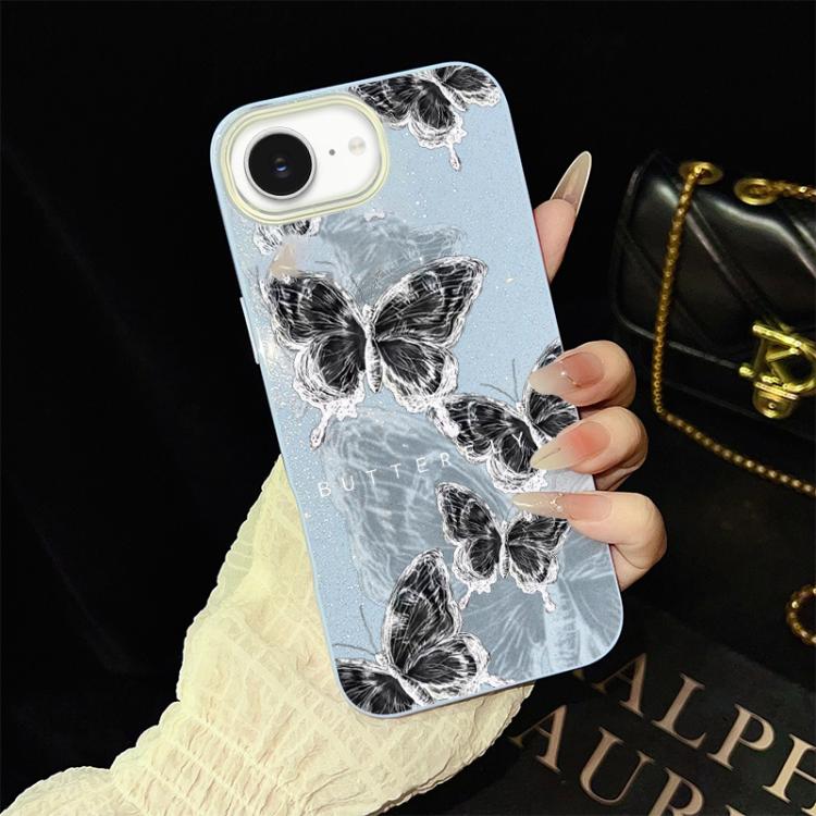 Custodia per telefono ibrida in PC e TPU con motivo a farfalle e glitter IMD, For iPhone 17e / 16e, For iPhone 17 Pro Max, For iPhone 17 Pro, For iPhone 17, For iPhone Air, For iPhone 16 Pro Max