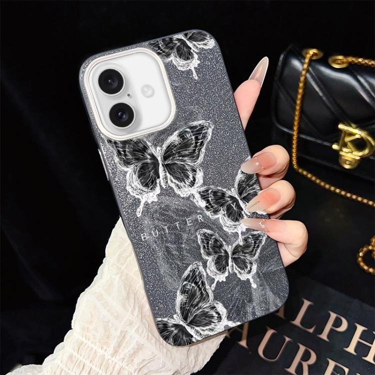 Custodia per telefono ibrida in PC e TPU con motivo a farfalle e glitter IMD, For iPhone 17e / 16e, For iPhone 17 Pro Max, For iPhone 17 Pro, For iPhone 17, For iPhone Air, For iPhone 16 Pro Max
