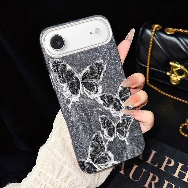 Custodia per telefono ibrida in PC e TPU con motivo a farfalle e glitter IMD, For iPhone 17e / 16e, For iPhone 17 Pro Max, For iPhone 17 Pro, For iPhone 17, For iPhone Air, For iPhone 16 Pro Max