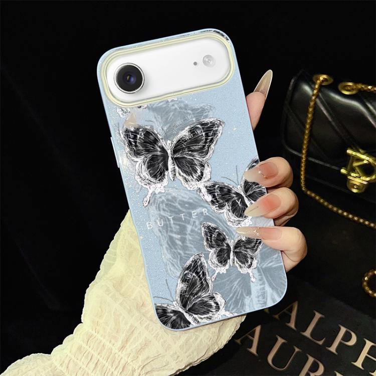Custodia per telefono ibrida in PC e TPU con motivo a farfalle e glitter IMD, For iPhone 17e / 16e, For iPhone 17 Pro Max, For iPhone 17 Pro, For iPhone 17, For iPhone Air, For iPhone 16 Pro Max
