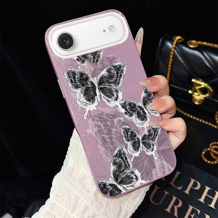 Custodia per telefono ibrida in PC e TPU con motivo a farfalle e glitter IMD, For iPhone 17e / 16e, For iPhone 17 Pro Max, For iPhone 17 Pro, For iPhone 17, For iPhone Air, For iPhone 16 Pro Max