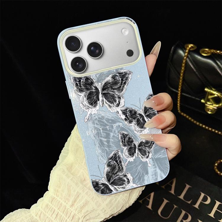 Custodia per telefono ibrida in PC e TPU con motivo a farfalle e glitter IMD, For iPhone 17e / 16e, For iPhone 17 Pro Max, For iPhone 17 Pro, For iPhone 17, For iPhone Air, For iPhone 16 Pro Max