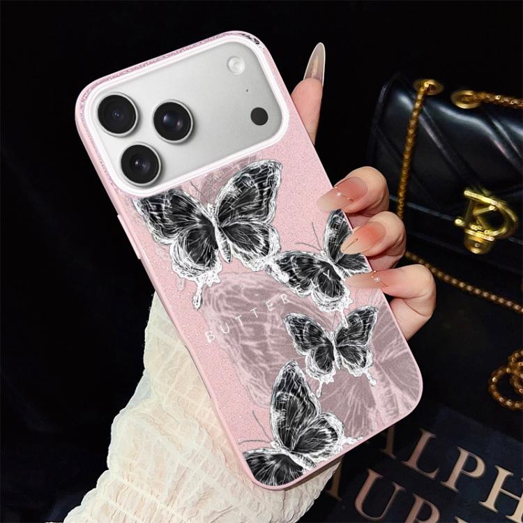 Custodia per telefono ibrida in PC e TPU con motivo a farfalle e glitter IMD, For iPhone 17e / 16e, For iPhone 17 Pro Max, For iPhone 17 Pro, For iPhone 17, For iPhone Air, For iPhone 16 Pro Max