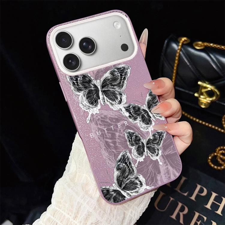 Custodia per telefono ibrida in PC e TPU con motivo a farfalle e glitter IMD, For iPhone 17e / 16e, For iPhone 17 Pro Max, For iPhone 17 Pro, For iPhone 17, For iPhone Air, For iPhone 16 Pro Max
