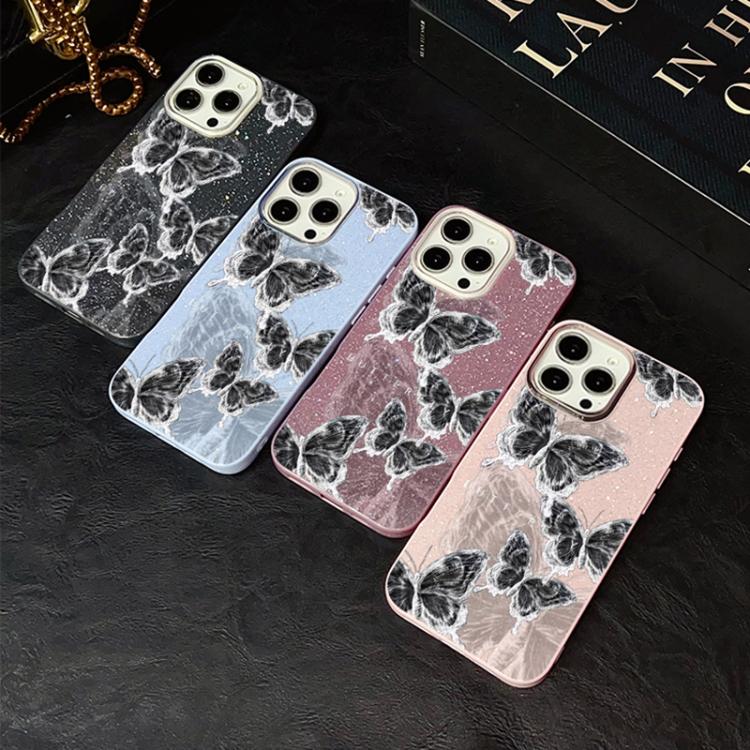Custodia per telefono ibrida in PC e TPU con motivo a farfalle e glitter IMD, For iPhone 17e / 16e, For iPhone 17 Pro Max, For iPhone 17 Pro, For iPhone 17, For iPhone Air, For iPhone 16 Pro Max