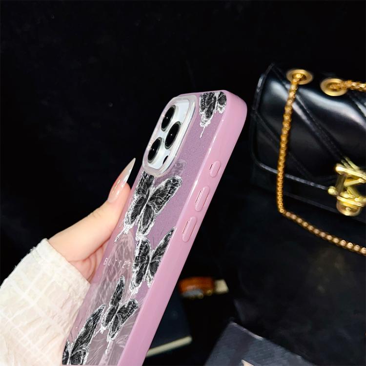 Custodia per telefono ibrida in PC e TPU con motivo a farfalle e glitter IMD, For iPhone 17e / 16e, For iPhone 17 Pro Max, For iPhone 17 Pro, For iPhone 17, For iPhone Air, For iPhone 16 Pro Max