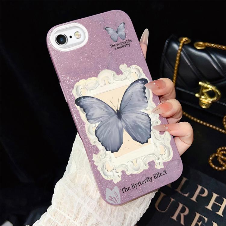Custodia per telefono ibrida in PC e TPU con glitter e motivo a farfalla blu IMD, For iPhone 8 Plus / 7 Plus, For iPhone 6 Plus / 6s Plus, For iPhone 6 / 6s