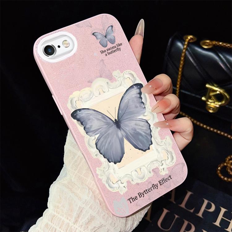Custodia per telefono ibrida in PC e TPU con glitter e motivo a farfalla blu IMD, For iPhone 8 Plus / 7 Plus, For iPhone 6 Plus / 6s Plus, For iPhone 6 / 6s