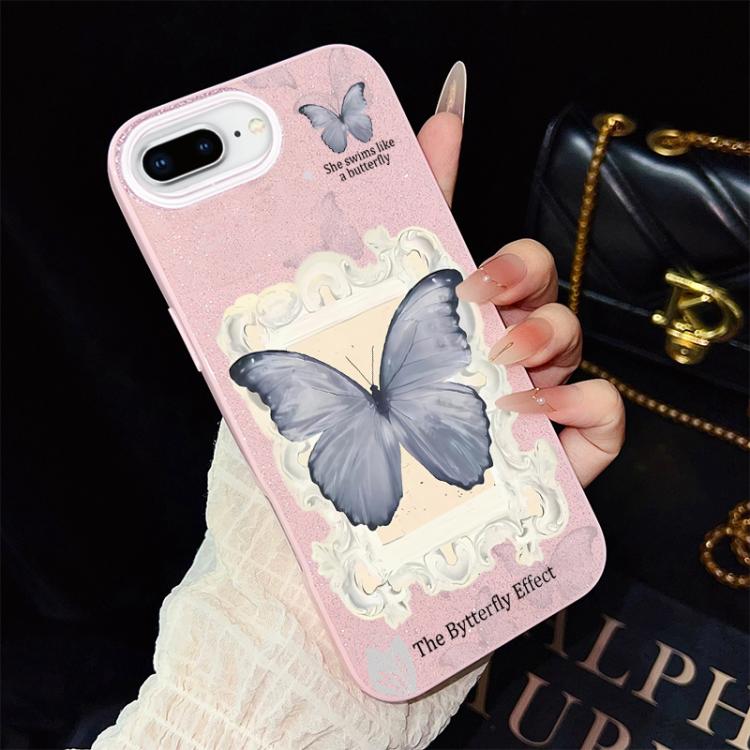Custodia per telefono ibrida in PC e TPU con glitter e motivo a farfalla blu IMD, For iPhone 8 Plus / 7 Plus, For iPhone 6 Plus / 6s Plus, For iPhone 6 / 6s