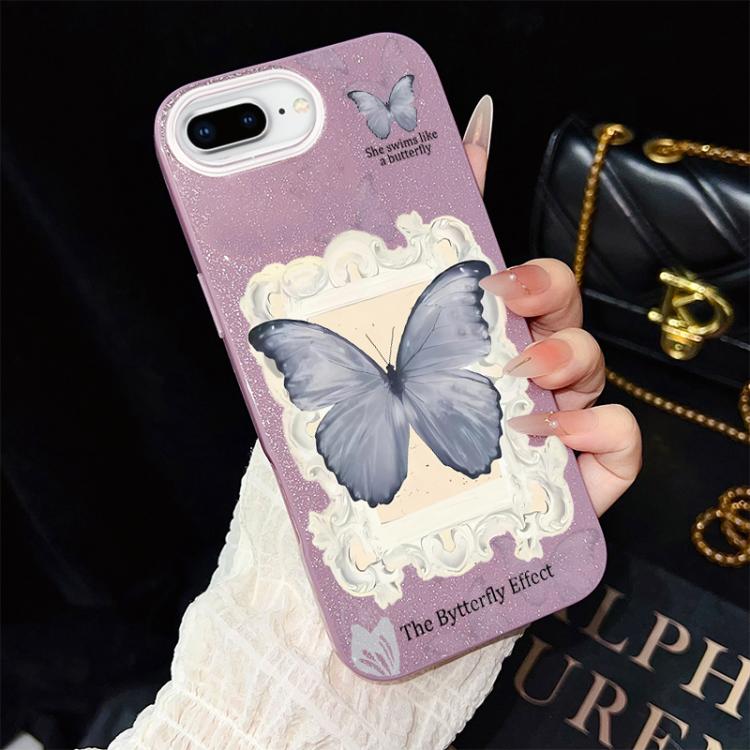 Custodia per telefono ibrida in PC e TPU con glitter e motivo a farfalla blu IMD, For iPhone 8 Plus / 7 Plus, For iPhone 6 Plus / 6s Plus, For iPhone 6 / 6s