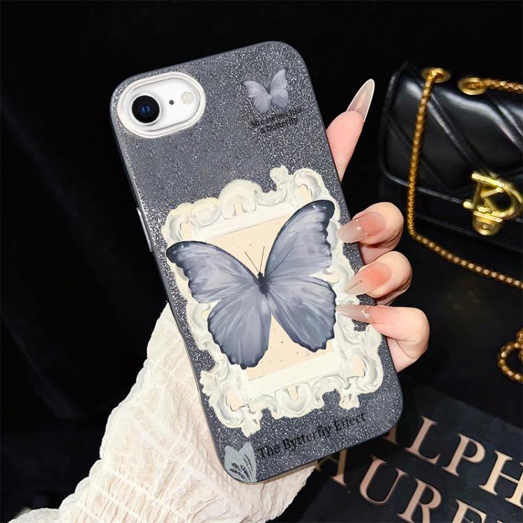 Custodia per telefono ibrida in PC e TPU con glitter e motivo a farfalla blu IMD, For iPhone 15, For iPhone 14 Plus, For iPhone 14, For iPhone 14 Pro, For iPhone 14 Pro Max, For iPhone SE 2022 / SE 2020