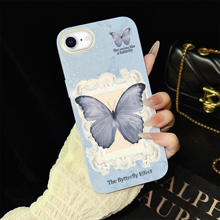 Custodia per telefono ibrida in PC e TPU con glitter e motivo a farfalla blu IMD, For iPhone 15, For iPhone 14 Plus, For iPhone 14, For iPhone 14 Pro, For iPhone 14 Pro Max, For iPhone SE 2022 / SE 2020