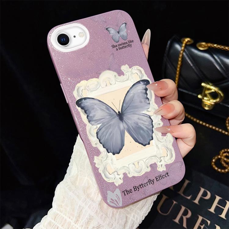 Custodia per telefono ibrida in PC e TPU con glitter e motivo a farfalla blu IMD, For iPhone 15, For iPhone 14 Plus, For iPhone 14, For iPhone 14 Pro, For iPhone 14 Pro Max, For iPhone SE 2022 / SE 2020